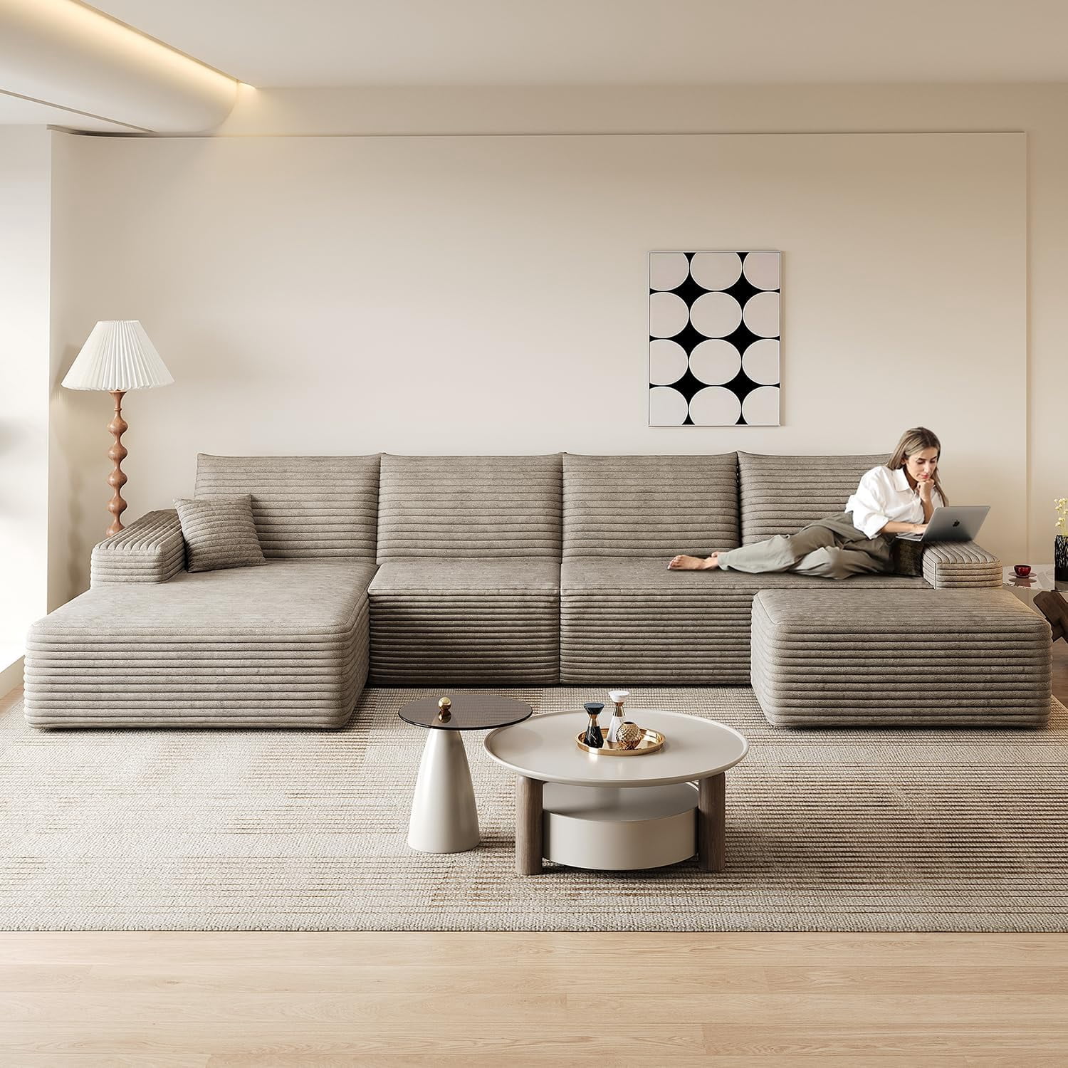 Sailvan 135" Cloud Sectional Couch, Cloudy Sofa with L-Shape Chaise & Ottoman, Upholstered Couches for Living Room & Bedroom, No Assembly Required, Plush Corduroy Fabric, Camel
