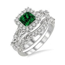 1.50 Carat Princess cut Emerald and Diamond Halo Bridal Set in 14k White Gold affordable emerald and diamond engagement ring