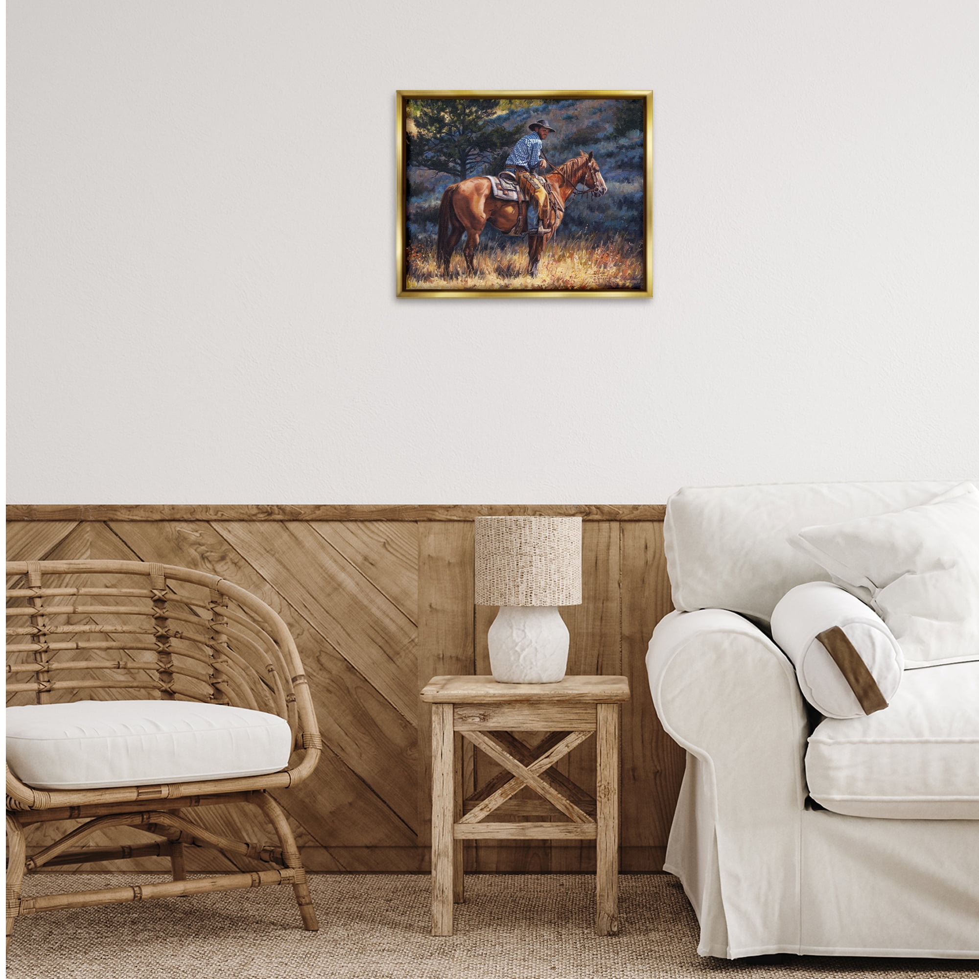 Stupell Industries Early Start Cowboy Animals & Insects Painting Gold Floater Framed Canvas Art Print Wall Art, 21 x 17