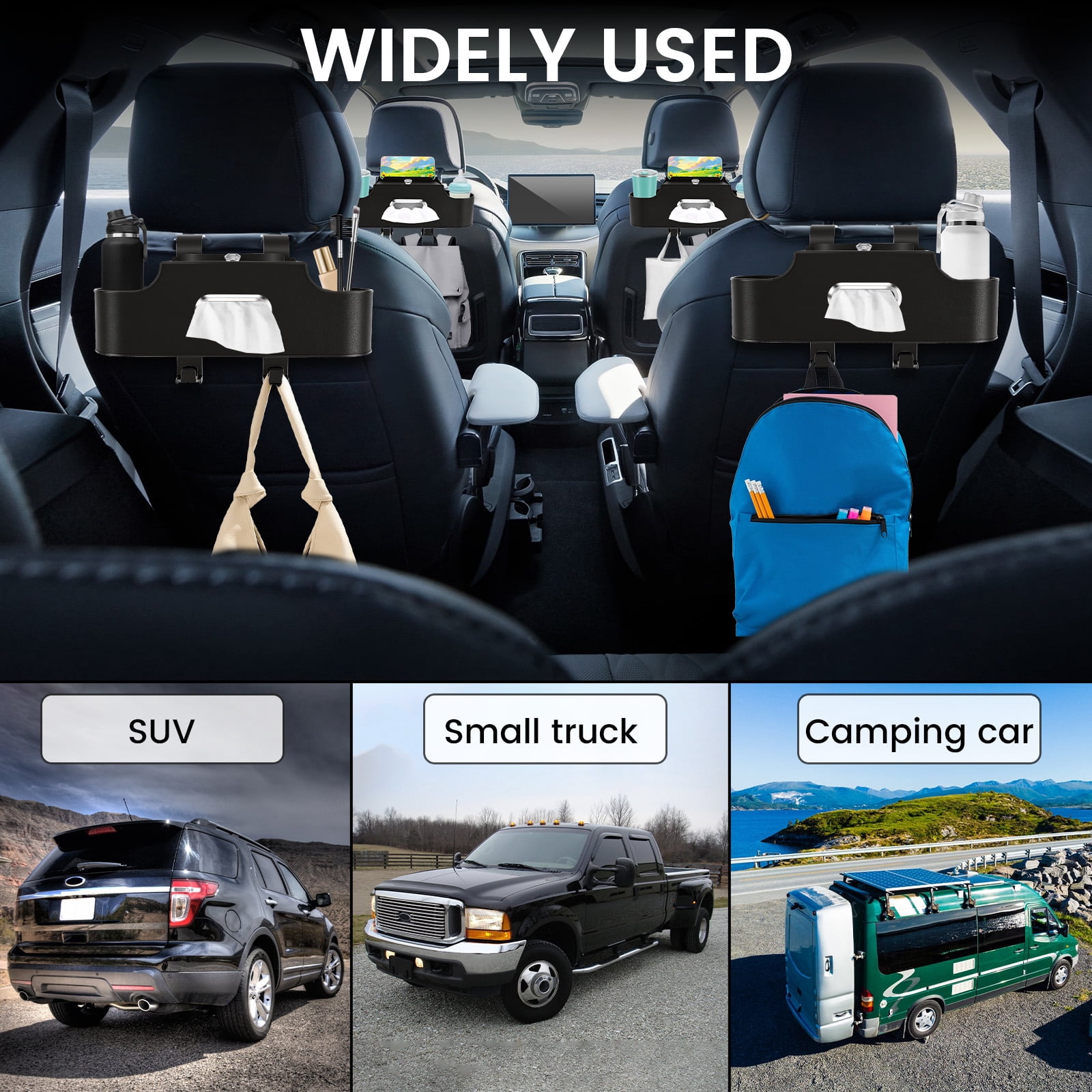 2Pcs Car Headrest Back Seat Organizer Multifunctional Vehicle Backseat Tissue Cup Holder with Hook for Most SUV MPV Pickup Truck