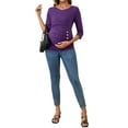 thumbnail image 2 of INSPIRE CHIC Womens V Neck Blouse 3/4 Sleeves Nursing Shirts Solid Ribbed Knitted Buttons Decor Ruched Maternity Tops Small Purple, 2 of 6