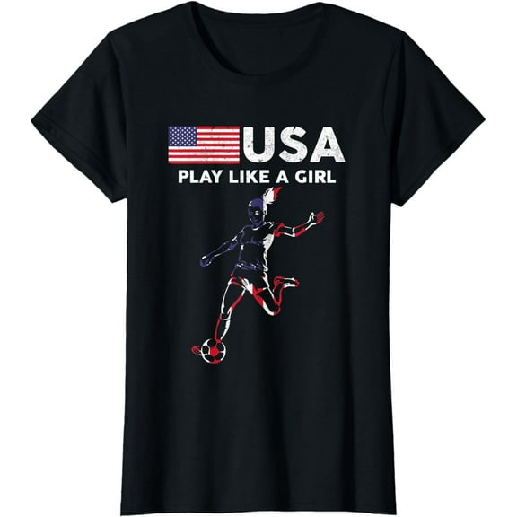 USA Play Like a Girl Soccer Football USA Flag T-Shirt