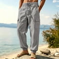 thumbnail image 3 of Homeyce Men's Linen Pants Elastic Drawstring Waist Wide Leg Pants with Pockets Linen Cotton Trousers Breathable Casual Summer Beach Lightweight Trousers,Gray L, 3 of 5