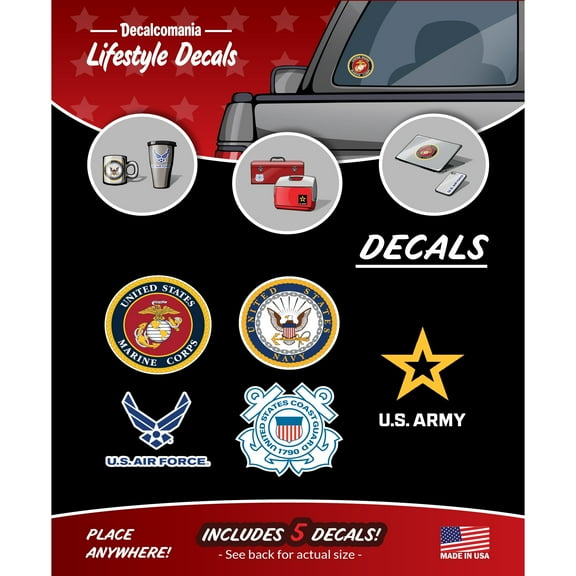 Decalcomania U.S. Military Stickers and Decals Logo Branches - Marine Corps, Army, Air Force, Coast Guard, Navy Stickers - Set of 5 US Military Decals for Car Window