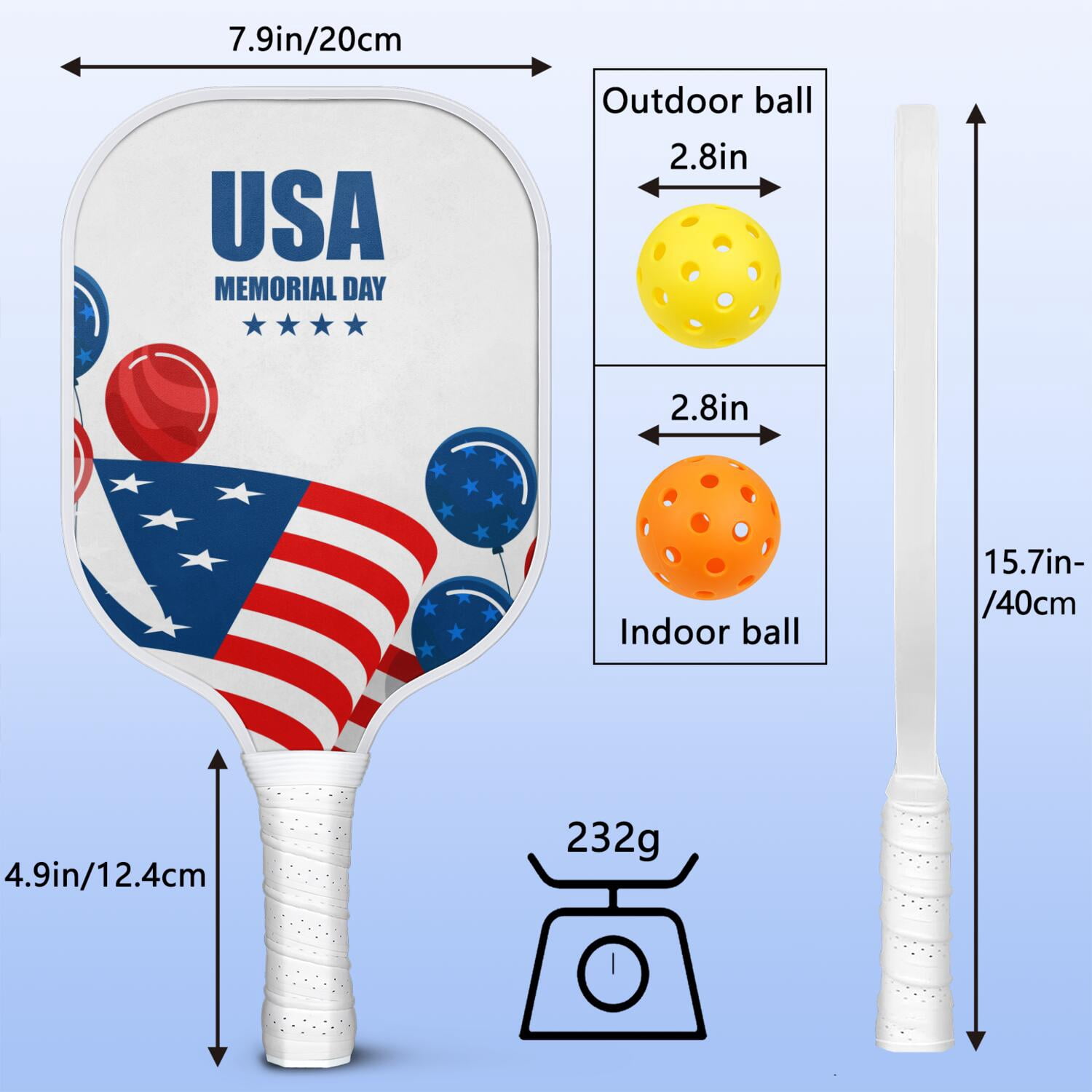 Pickleball Paddles Set Of 2, Fiberglass Surface, USA, Independence Day Print, 4 Balls & Bag