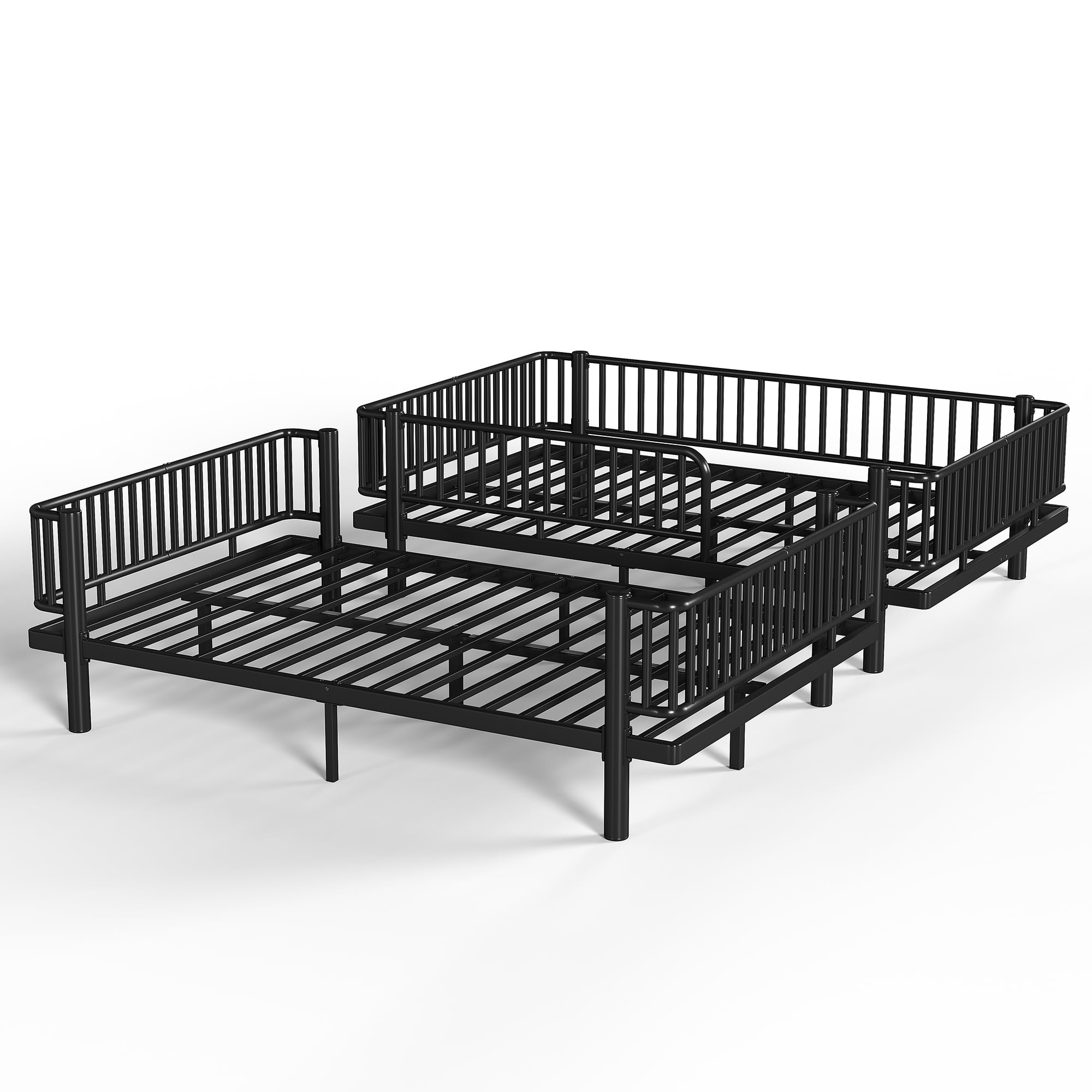 Queen over Queen Bunk Bed with Ladders and Guardrails, Metal Bunk Bed Frame Convertible into 2 Separate Platform Beds for Bedroom All Ages, No Box Spring Needed, Black