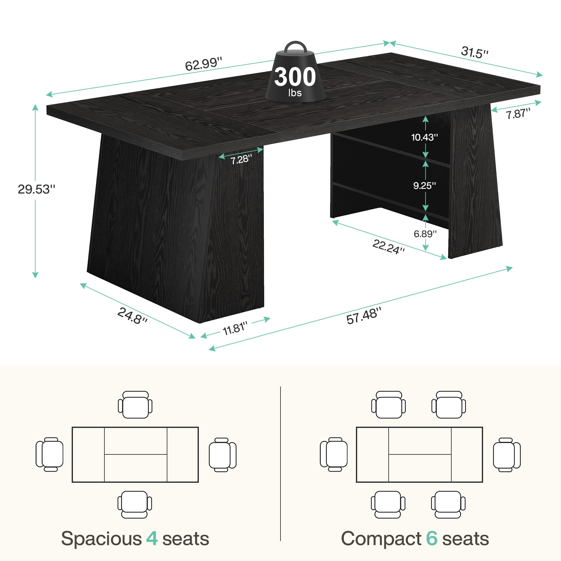 Tribesigns 63" Black Dining Table for 4-6, Rectangular Wood Kitchen Table for Kitchen, Dining Room