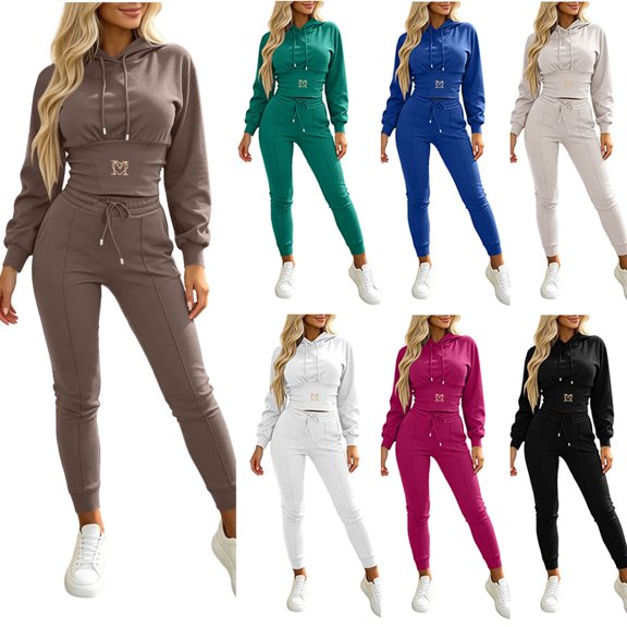 Women's 2‑Piece Tracksuit Set, Letter‑Embroidered Cropped Hooded Sweatshirt with Drawstring & High‑Waist Cuffed Jogger Pants, Solid‑Color Sporty Outfit for Daily Workout Commute Brown XXS(XXS)