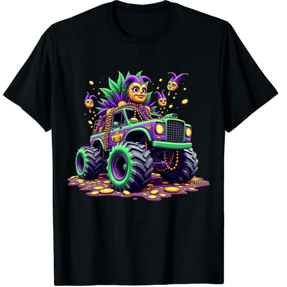 Mardi Gras Monster Truck Mask FeathersGraphic Crew Neck Short Sleeve T-Shirts (Men's, Women's)