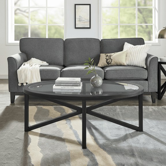 Modern Oval Glass Coffee Table with Solid Wood Tripod Base, 46" Tempered Glass Top, Black Frame, Mid-Century Living Room & Terrace Table