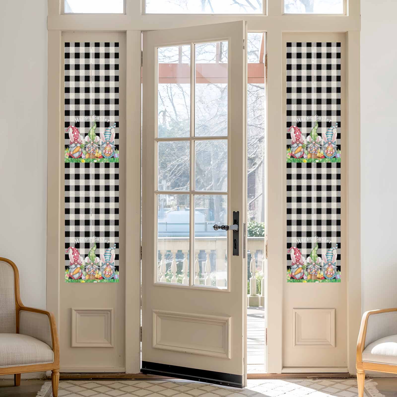 Happy Easter Window Privacy Film, Watercolor Gnomes Colorful Eggs Floral Greenery Black Plaid Frosted Glass Window Clings Static Cling UV Heat Blocking Reusable Sticker for Bedroom 17.7x78.7 Inch