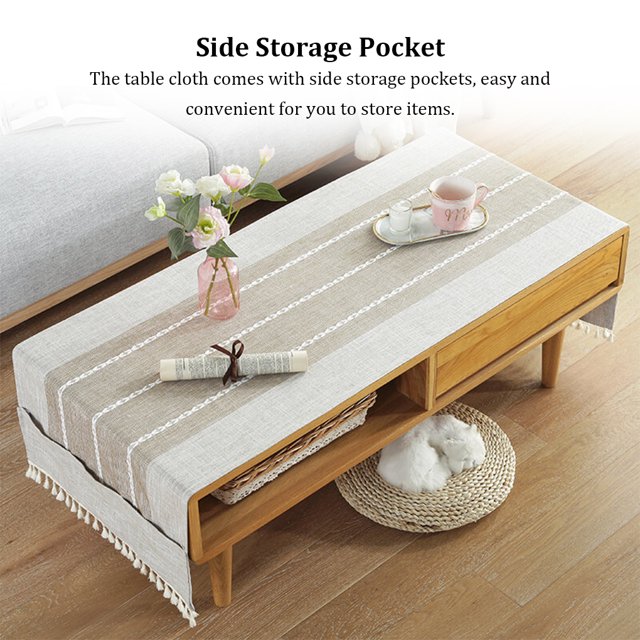 stanreset 1/2/3/5 Cotton Linen Tablecloth with Side Storage Pocket Rectangular TV Cabinet Mat Tea Desktop Fringe Waterproof Table Cloth for 60*160cm,Island/Beige coffee 1 Pc