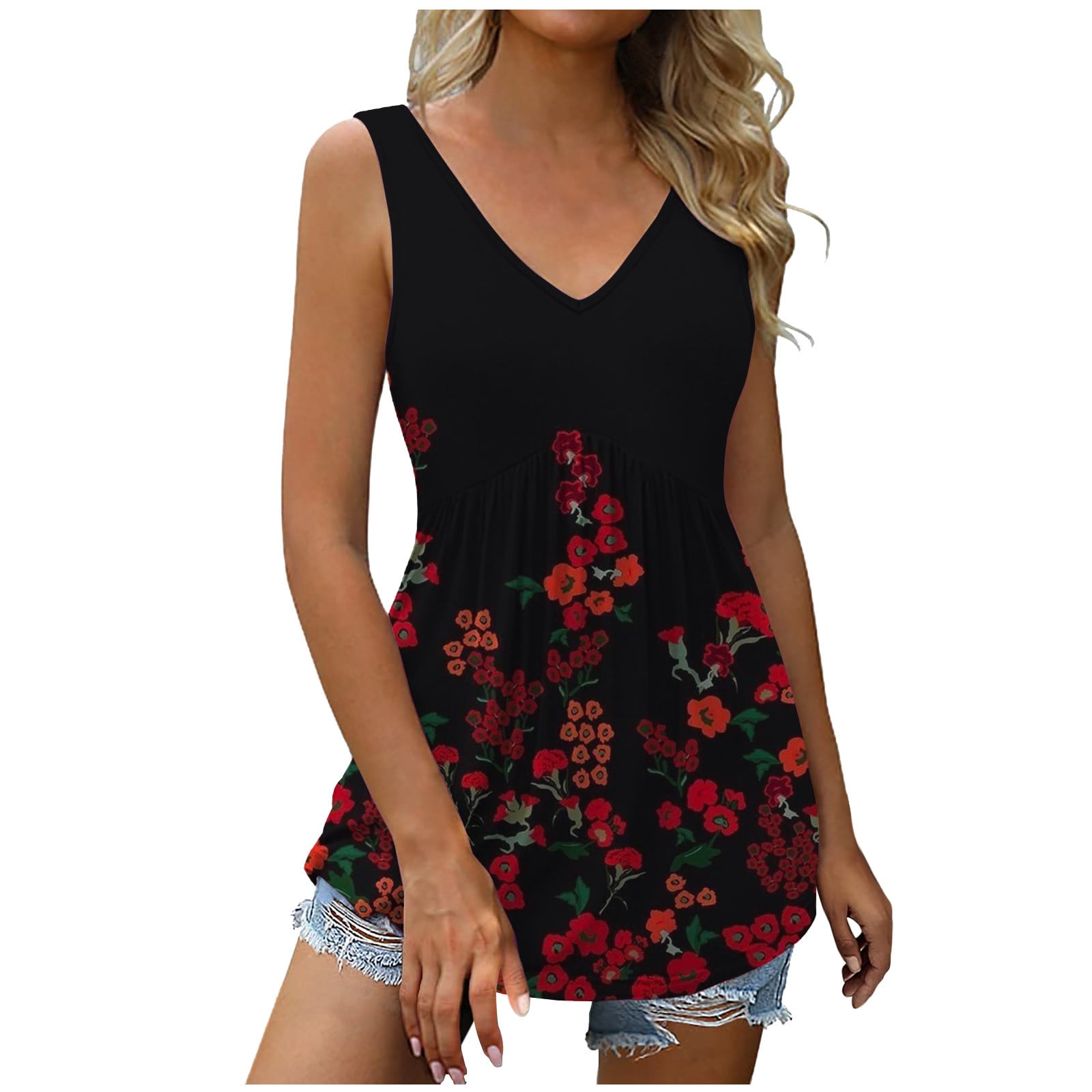 lcziwo Dressy Tank Tops for Women 2024 Womens Summer Tank Tops Women s Gradient V Neck Sleeveless T Shirts Floral Print Pleated Tank Top Tunic