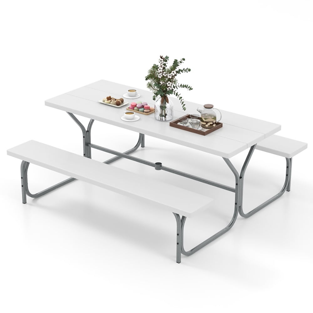 Aimee Lii 6 FT Picnic Table Bench Set Dining Table and 2 Benches with Metal Frame and HDPE Tabletop, Outdoor Patio Furniture, White Aimee Lii 6 FT Picnic Table Bench Set Dining Table and 2 Benches with Metal Frame and HDPE Tabletop, Outdoor Patio Furniture, White