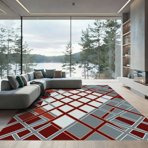 ODIKA 4'x6' Machine Washable Non-Slip Area Rug, Geometric Burgundy High Traffic Rug, Red, 942114