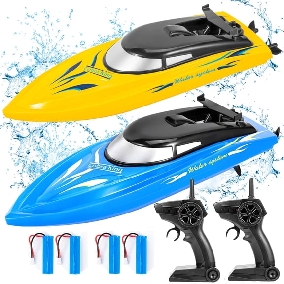 Remote Control Boats 10km/H 2.4G High Speed Remote Control Boat Fast RC Boats with 4 Rechargeable Battery Blue Yellow