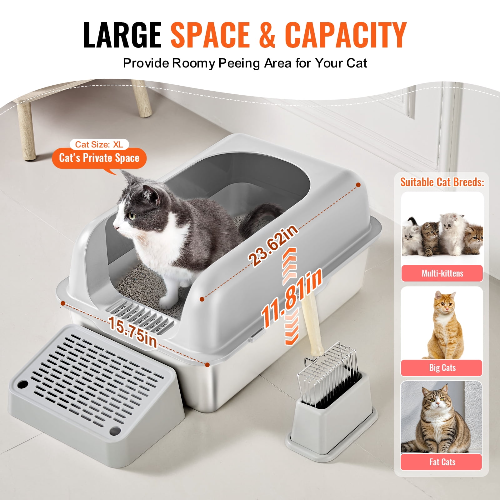 VEVOR Cat Litter Box, 6 inches Deep, XL Extra Large Stainless Steel Cat Litter Box with Scoop, Wide Filtering Foot Board & High Sides, Enclosed Odor-Free Easy-to-Clean Litter Box, Fit for Big Cats