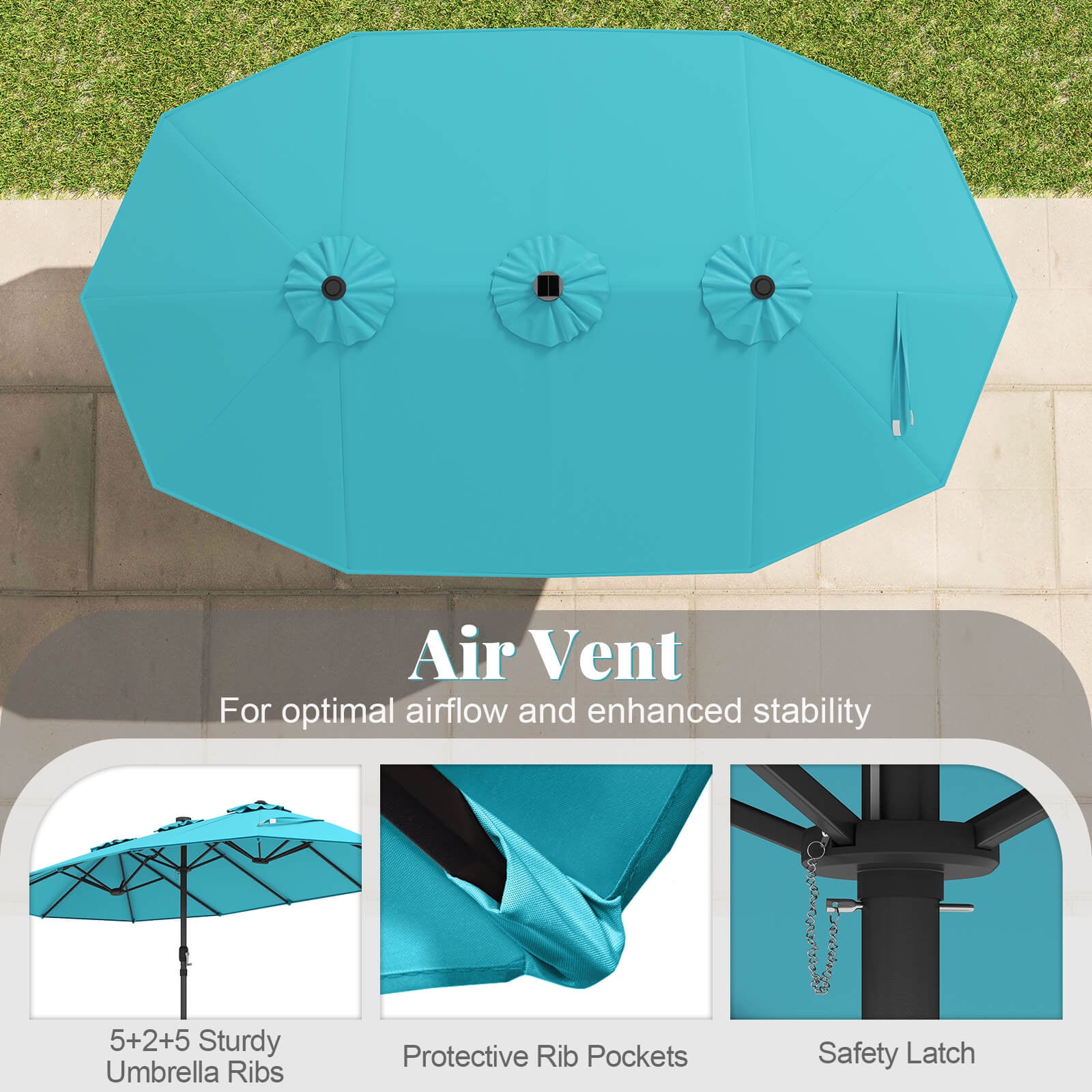 Costway 15 Ft Patio Double-Sided Solar LED Market Umbrella Crank 36 Lights Base Turquoise