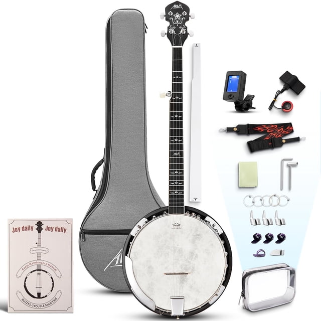 Banjo AKLOT de tamaño completo con 5 cuerdas con cabeza Remo de 38 pulgadas con kit