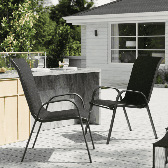 ELPOSUN Patio Chairs Set of 2, Outdoor Stackable Dining Chairs for All Weather, Breathable Garden Outdoor Furniture for Backyard Deck, Black