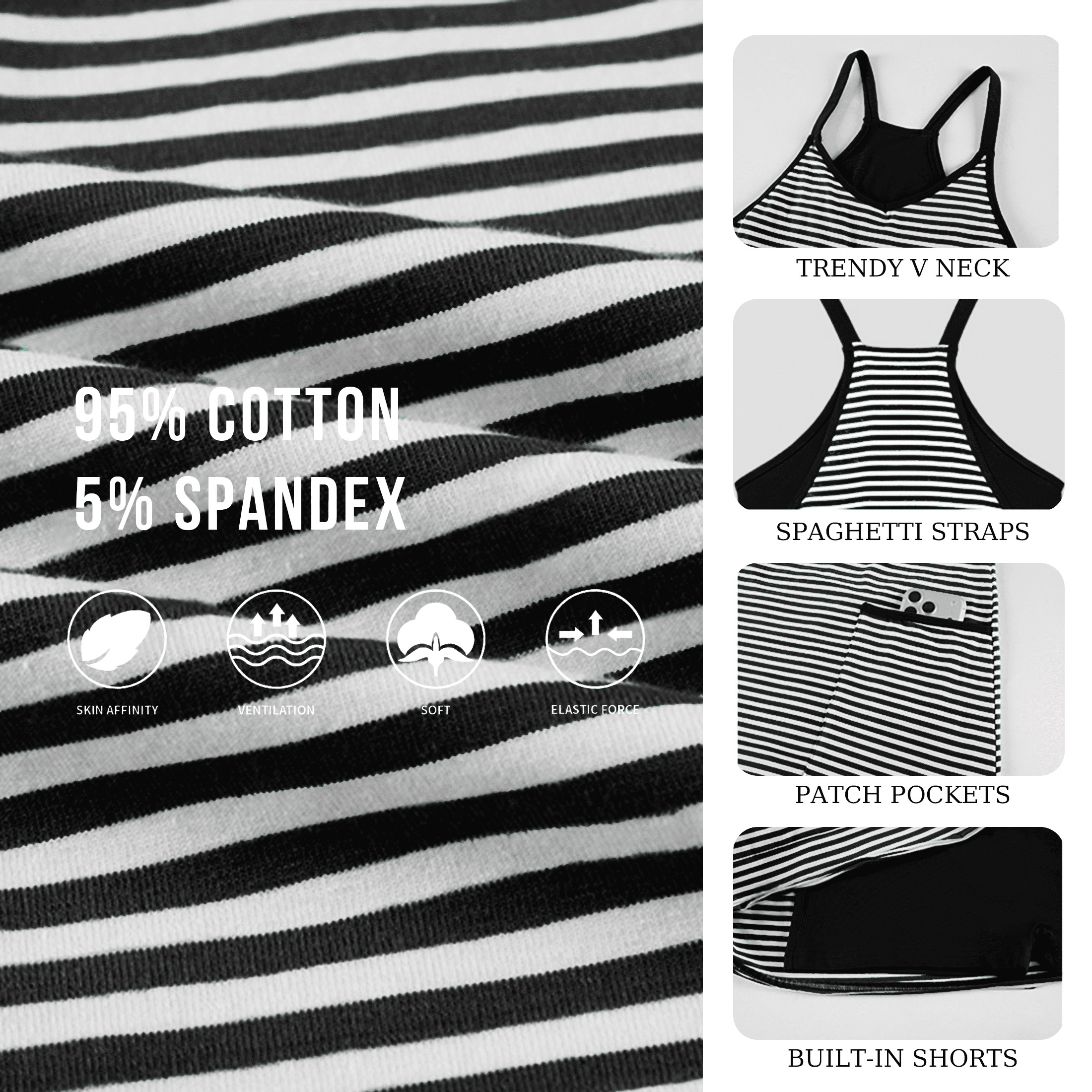 Women's Summer Striped Athletic Tennis Mini Dress Sleeveless Built-in Shorts Workout Vacation Sundress