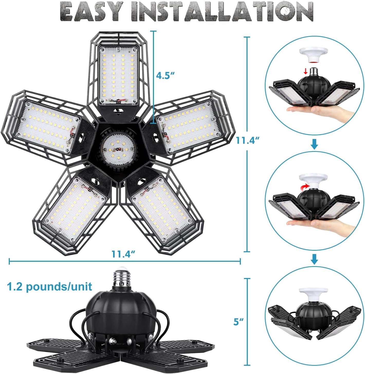 Deformable LED Garage Lights, 160W, 16000 Lumens, 5 Adjustable Panels, 2 Pack, Black