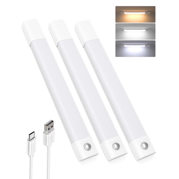 EZVALO Under Cabinet Lights, Wireless LED Closet Lights with Motion Sensor, USB Rechargeable, 3 Color Temps, Magnetic Mount for Kitchen, Pantry, 3-Pack
