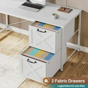 SEDETA White L Shaped Office Desk, Farmhouse Home Office Desk with Fabric File Drawers and Power Outlet, Corner Gaming Desk with LED Lights, Hutch and Storage Shelves