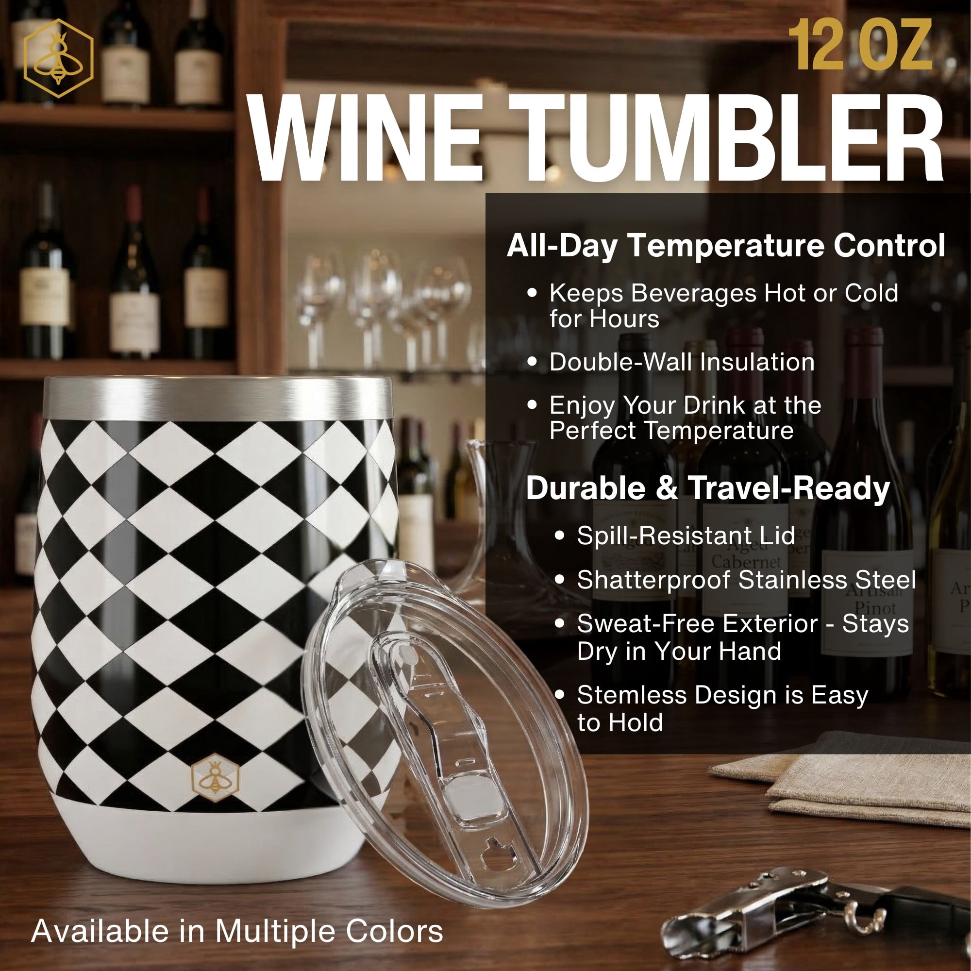 Biddlebee 12oz Stainless Steel Insulated Wine Tumbler, Black & White Check