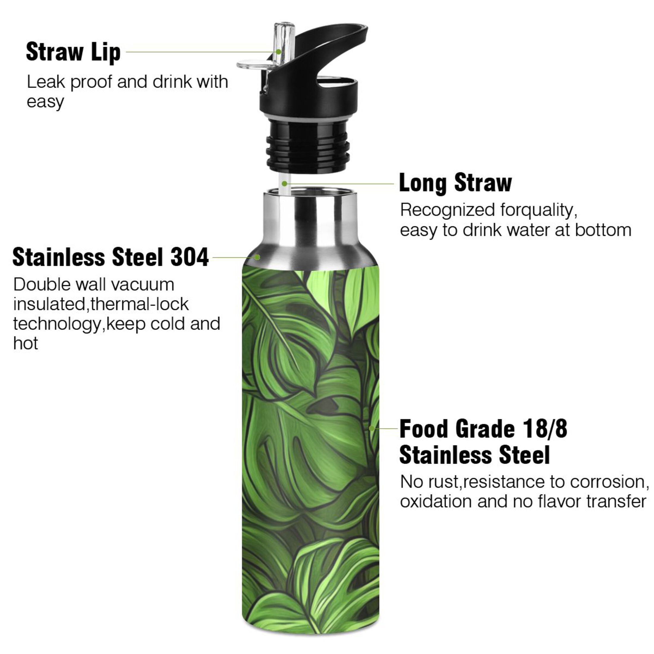 Green Monstera Leaves Sports Bottle with Straw Stainless Steel Water Jug Portable Thermal Cup Leak-proof 1000ML