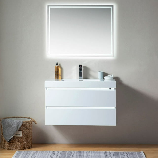 Vanity Art 36 Inches Single Sink Wall Mounted Bathroom Vanity Set 2 Drawers Storage Cabinet with White Engineered Top Undermount Rectangle Sink
