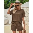 thumbnail image 4 of Women Matching Shorts Knitted Pockets Sets Fall Round Neck 2 Piece Set Summer Short Sleeve Lounge Sets Coffee Color M, 4 of 9