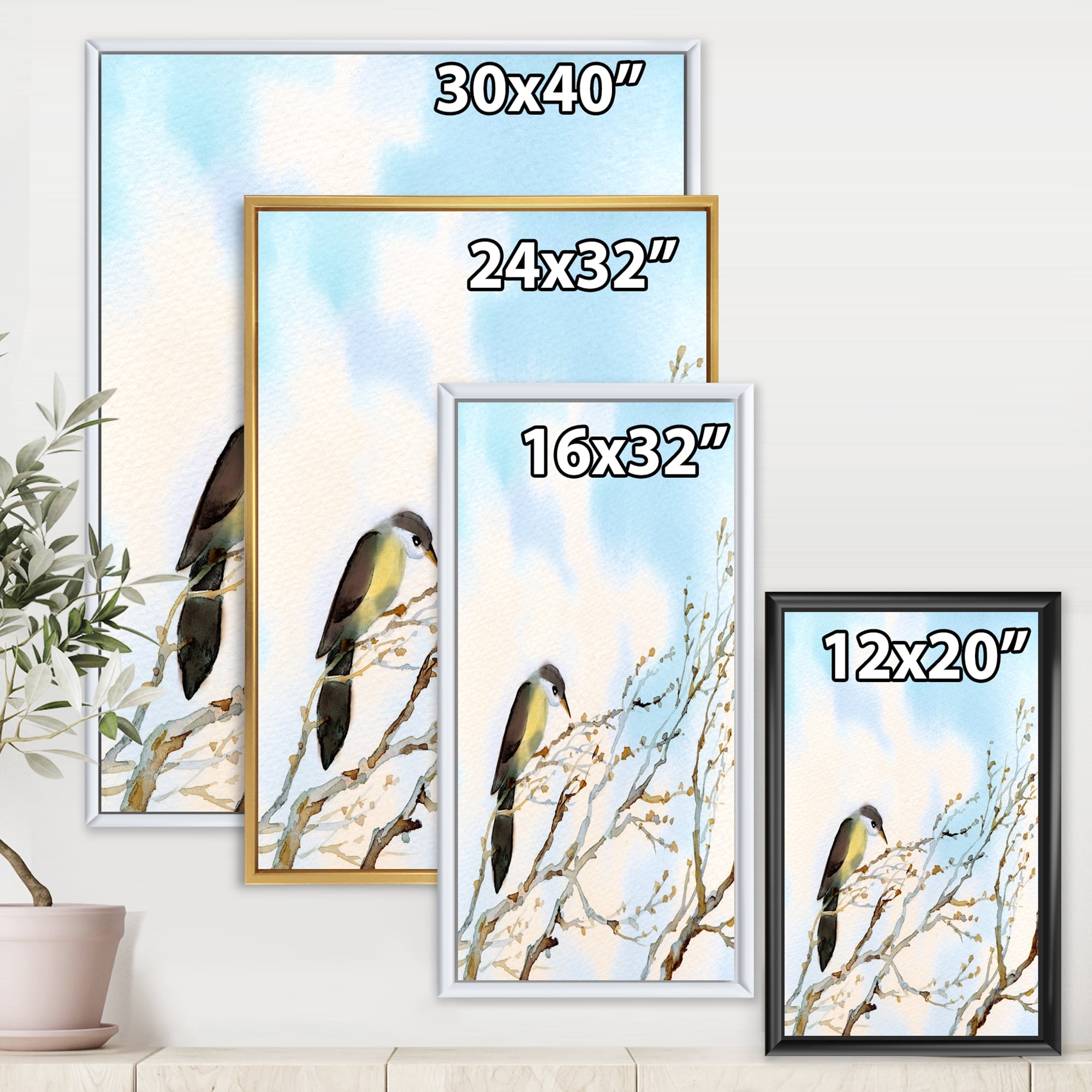 Designart 'Bird Sitting On Old Bare Tree With Blue Cloudy Sky' Traditional Framed Canvas Wall Art Print