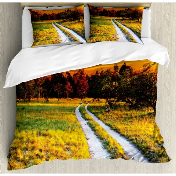 Landscape Duvet Cover Set, Driving Path to Olive Gardens Orange Sunset Meadow Fields, Decorative 3 Piece Bedding Set with 2 Pillow Shams, Calking Size, Marigold Dark Rust, by Ambesonne