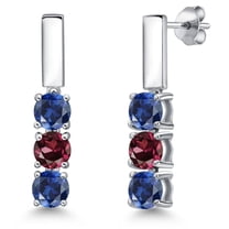 Gem Stone King 925 Sterling Silver Blue Created Sapphire and Red Rhodolite Garnet Drop Dangle Earrings for Women | 1.80 Cttw | Gemstone September Birthstone | Round 5MM