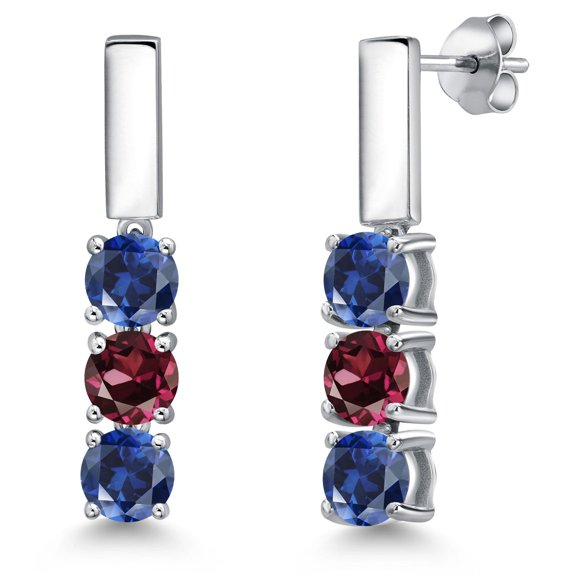 Gem Stone King 925 Sterling Silver Blue Created Sapphire and Red Rhodolite Garnet Drop Dangle Earrings for Women | 1.80 Cttw | Gemstone September Birthstone | Round 5MM
