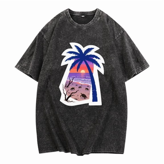 Tropical Beach Graphic Tee T-Shirt Washed Cotton Casual Short Sleeve Crew Neck Black S-2XL Plus Size