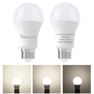 Youtime 3 Way Light Bulbs, 3 Way led Light Bulbs 50 100 150 Watt Equivalent Standard A21,Perfect for Home Lighting Natural White 4000K, 500 1600 2200 Lumens E26 Base, 2Pack