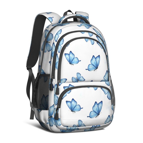 Butterfly and Watercolor Blue Pattern Backpack for School, Cute School Bag with Adjustable Shoulder Straps and Padded Back, 16.9"x12.6"x5.9"