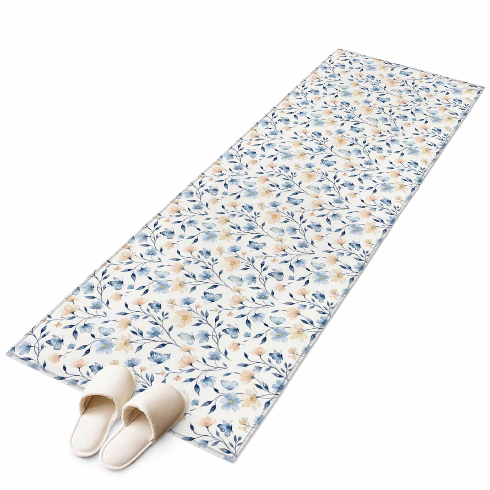Kitchen Runner 2 x 6 Ft, Blue Pink Flowers Non-Slip Residential Carpet, Spring Floral Elegant Pastoral Watercolor Indoor Crawling Mats Runner Rugs for Living Room/Dining Room/Bedroom