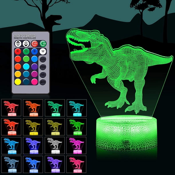 Juguetes de dinosaurio, luz nocturna 3D de dinosaurio con control remoto y botón inteligente, 7 colores + 16 colores cambiantes, luz nocturna 3D regulable de T-Rex, regalos de cumpleaños para niños