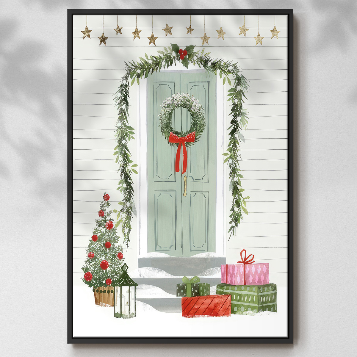 Festive Front Door I - Framed Gallery Wrapped Holiday Canvas - 17 x 25 - Black Frame