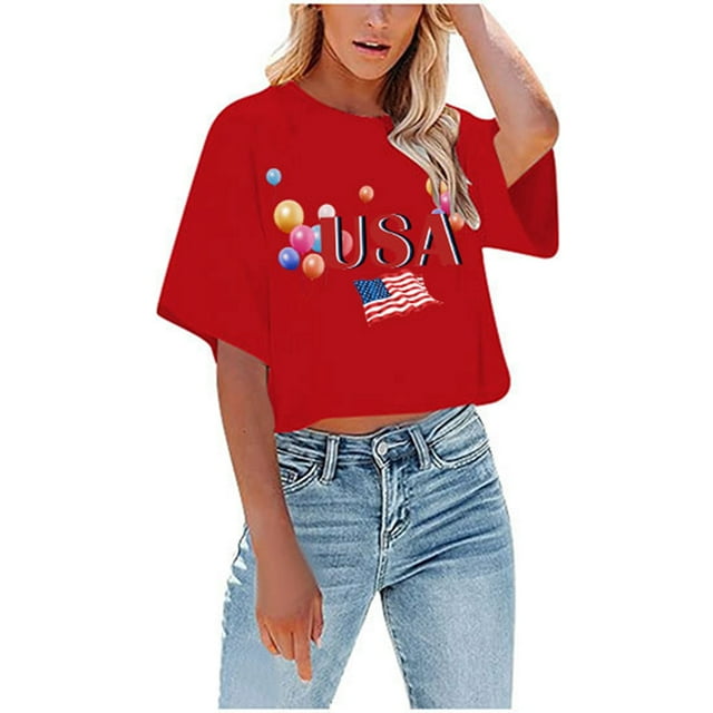 TSADFHJI Chandails en Molleton pour Femmes Sans Capuches Long Jour de l'Indépendance Usa Imprimé Décontracté Col Rond Manches Courtes T-Shirt Haut TTG Rouge