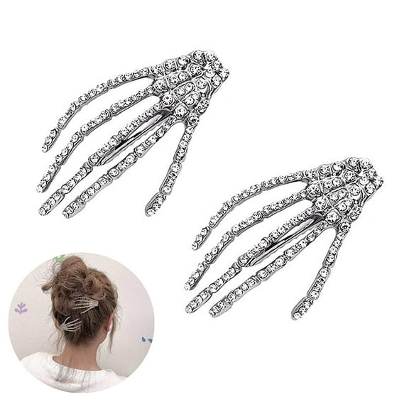 2PCS Hair Barrettes, Halloween Hair Accessories for Women Girls, Silver Skeleton Hand Hair Clips, Punk Horror Bone Hair Clip Barrettes for Party Cosplay