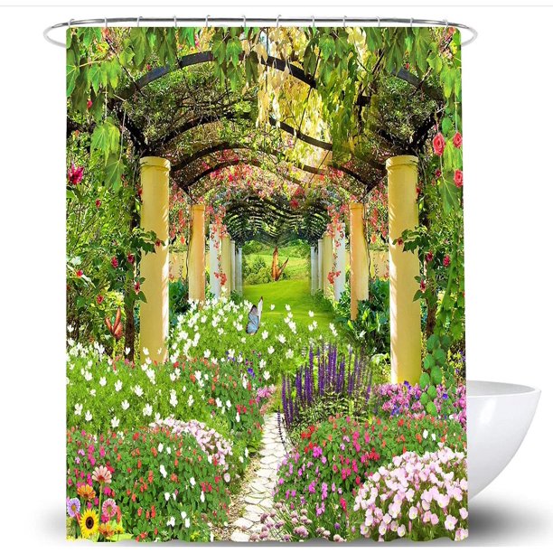 Floral Butterfly Shower Curtain with Hooks 180x180cm Waterproof Bathroom Bathtub Mildew Proof Polyester Fabric Bathroom Shower Curtain Garden Green Landscape Floral Butterfly Curtain