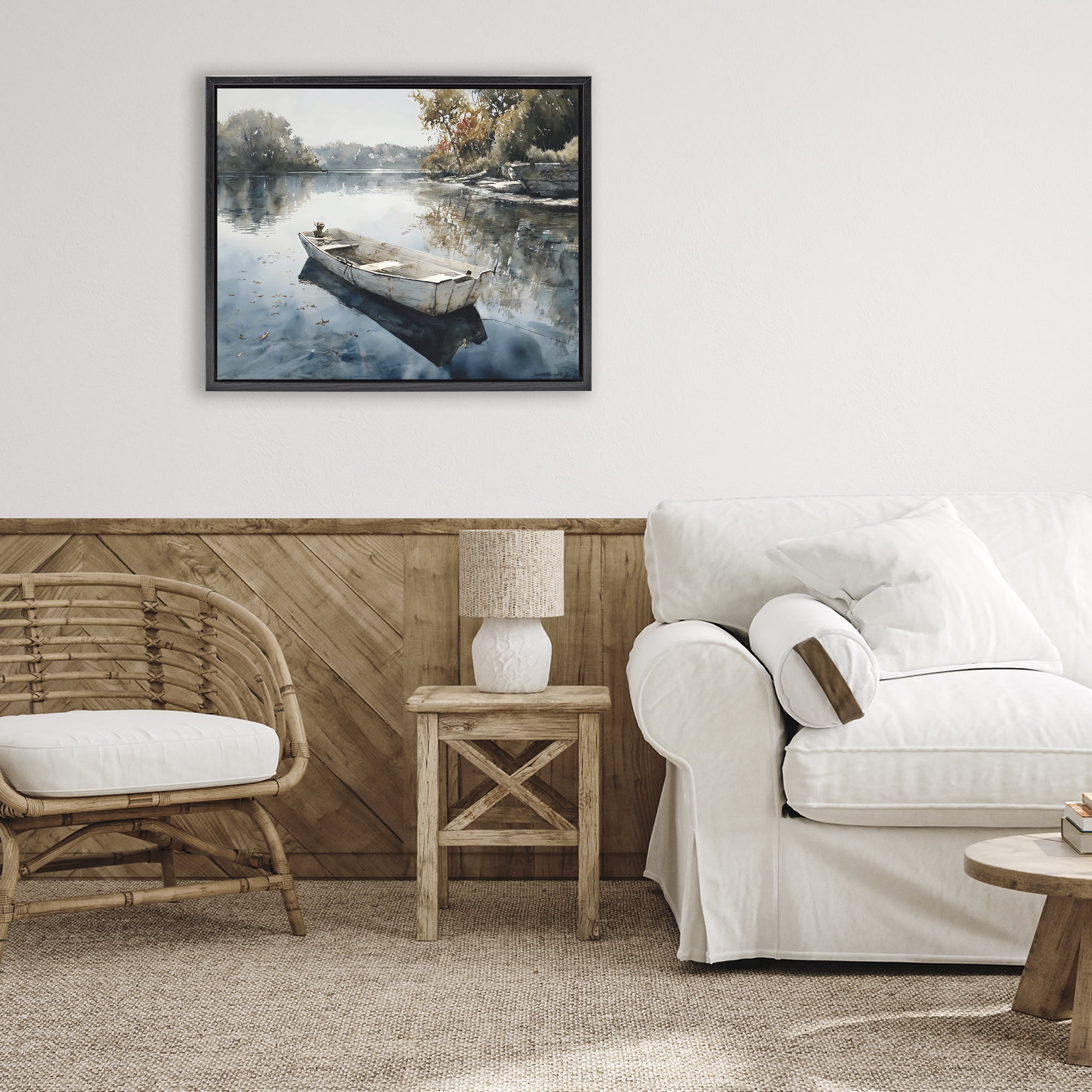 Stupell Industries Boat Ride Through Autumn Reflections Black Framed Floater Canvas Wall Art, design by Franklyn Gregory