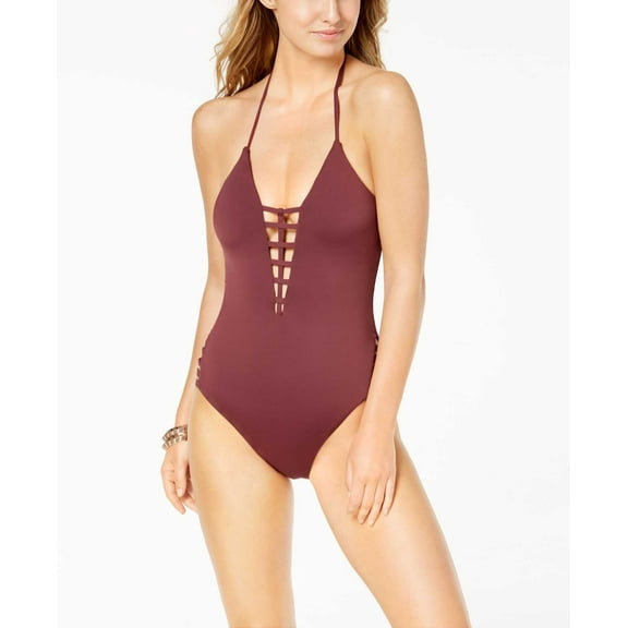 Bar lll Women’s Strappy Plunging One-Piece Swimsuit, Dark Red, Small