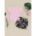 thumbnail image 3 of Suealasg Toddler Girl Summer 2Pcs Outfits Set 1T 2T 3T Short Sleeve Letter Print Tops + Camouflage Print Shorts Beach Party Clothes for Baby Girls, 3 of 7