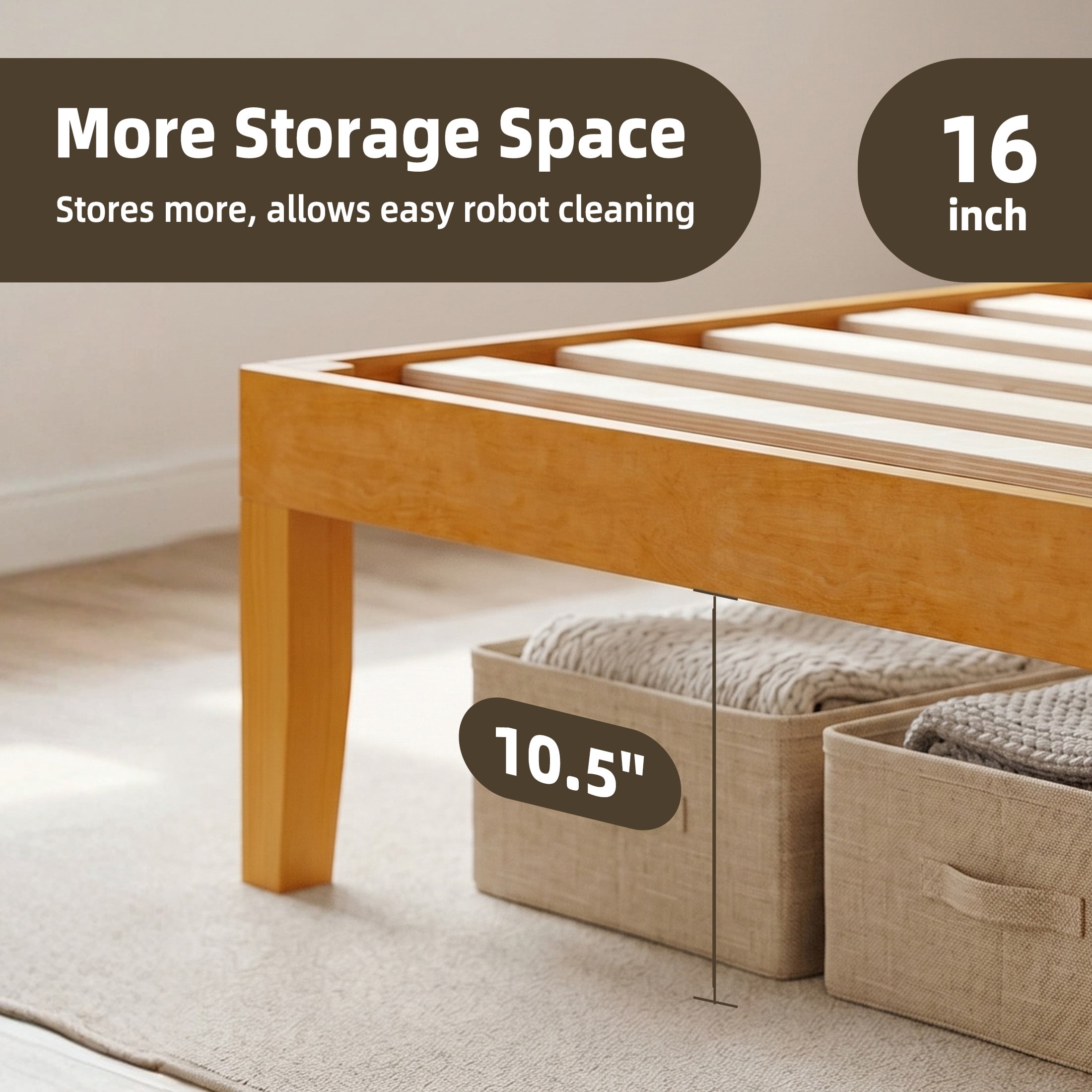 Gianna Full Size Wood Platform Bed Frames 16 Inch No Box Spring Need, 500 LBS Capacity, Noiseless, Honey Finish