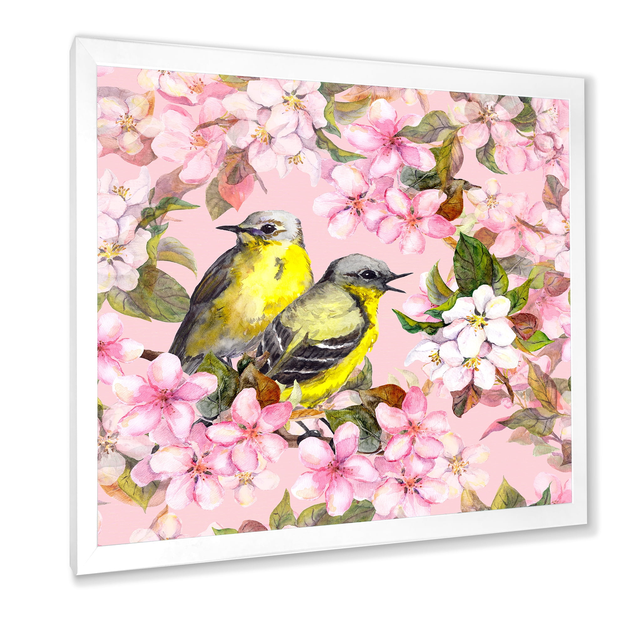 Designart 'Birds On Pink Cherry Sakura and Apple Flowers I' Traditional Framed Art Print